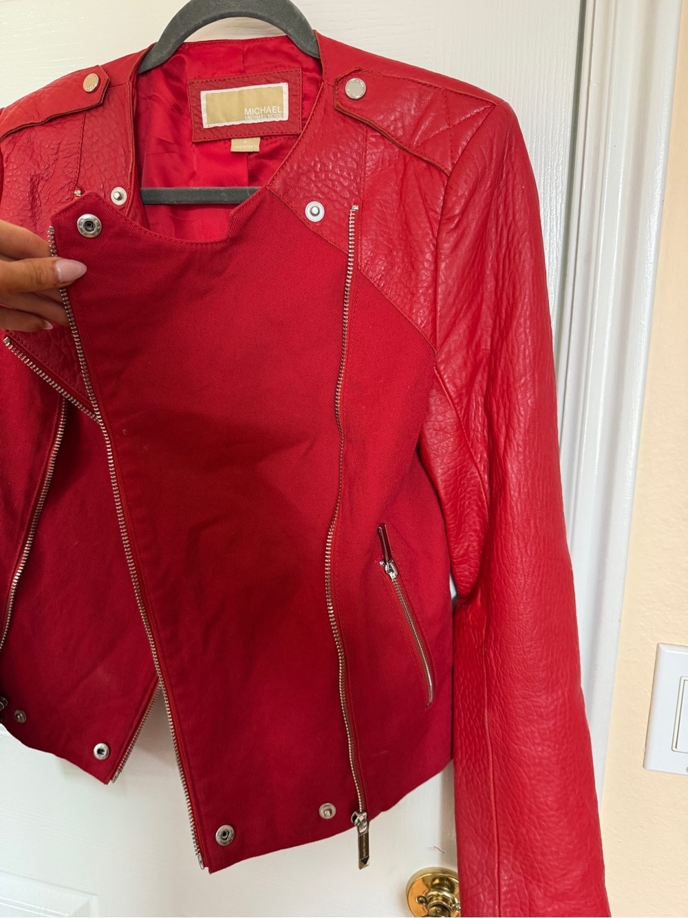 Michael Kors Red Mixed-Media Moto Jacket - Picture 5 of 7